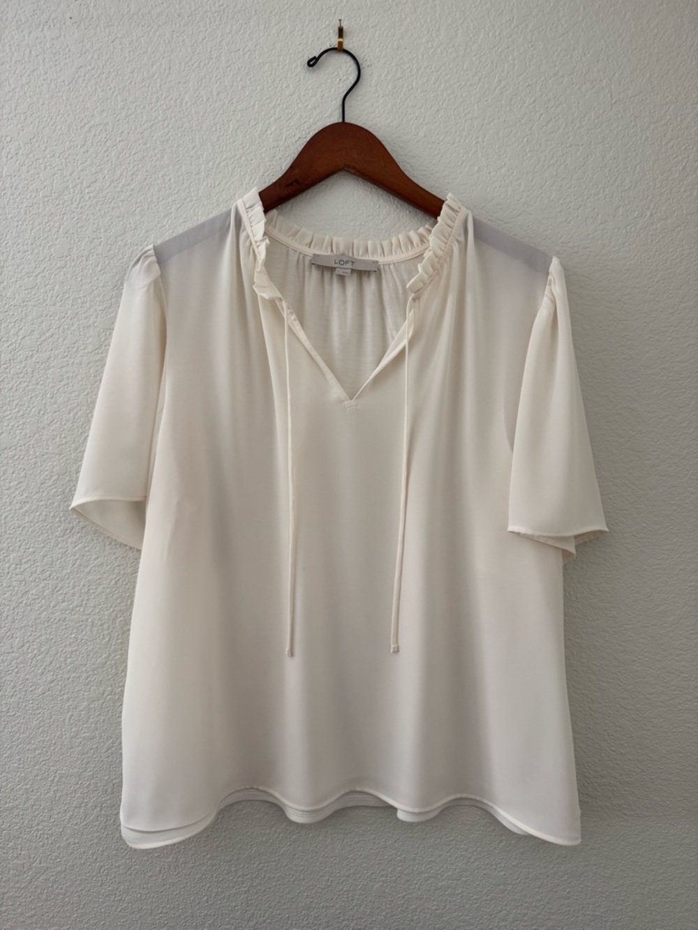LOFT Ivory Ruffle Tie-Neck Short Sleeve Blouse